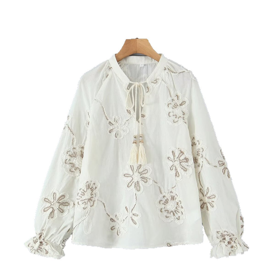 Damer Elegant Broderet Bluse med Flæser Stilla