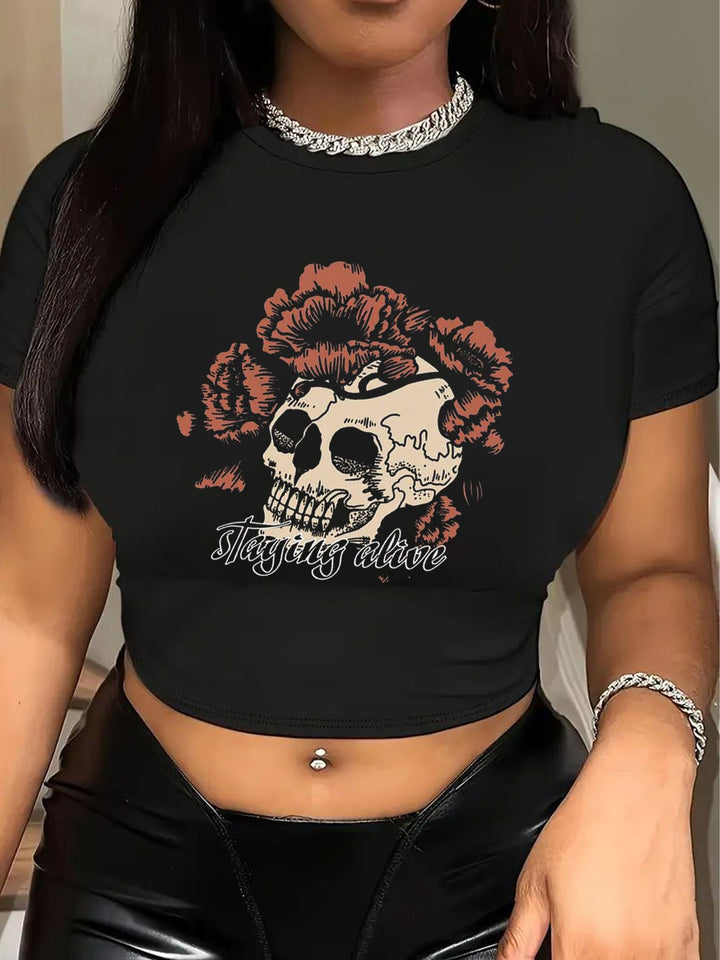 Dame Crop-T-Shirt med kreativt bjørnemotiv og sjovt citat Skovae