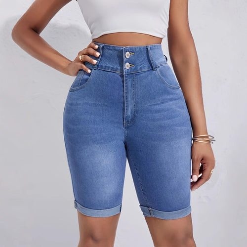 Dame High-Waist Denim-Shorts med vintage-effekter og knaplukning Stilla