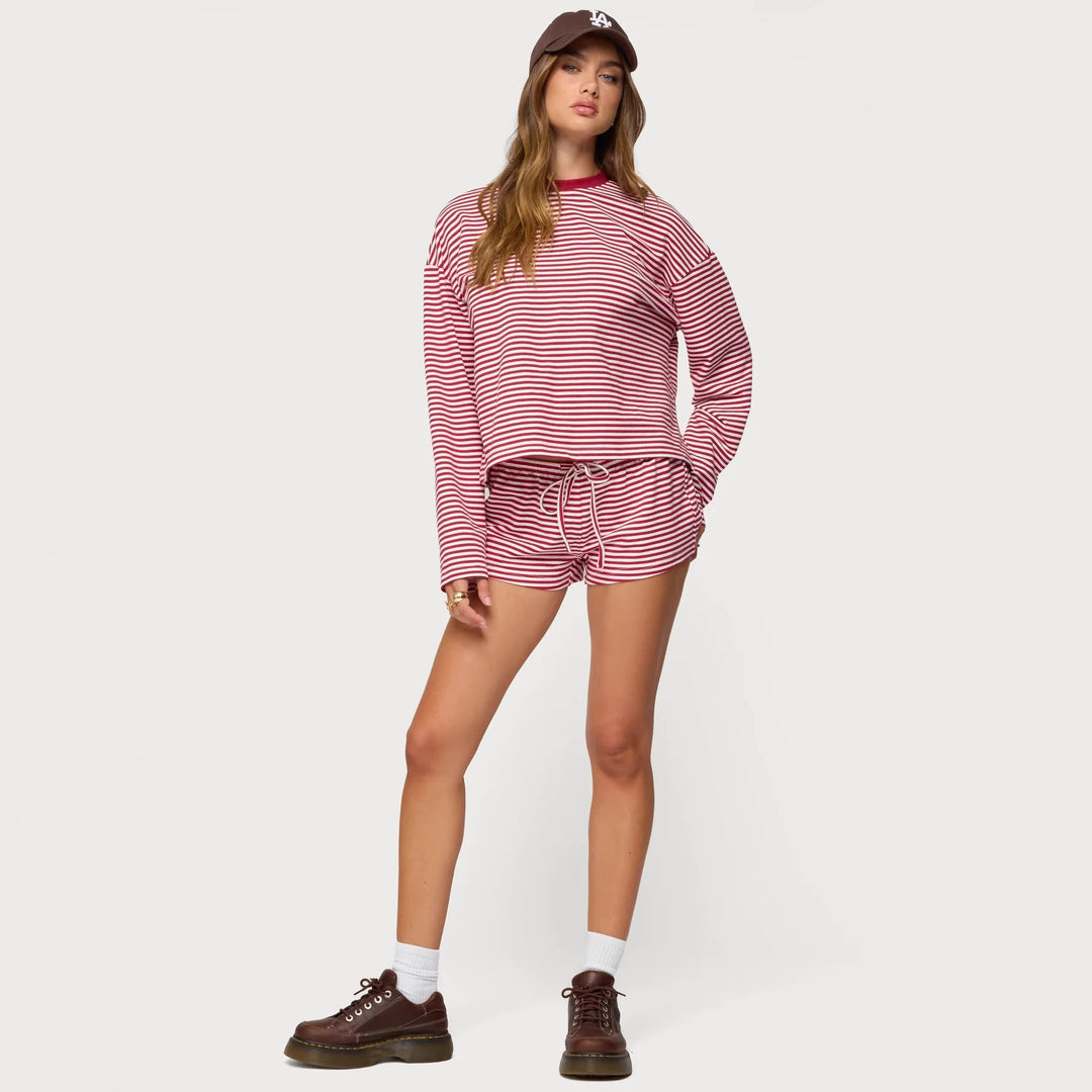 Dame Casual Stripe Loungewear Sæt med langærmet top og kort bukser Skovae