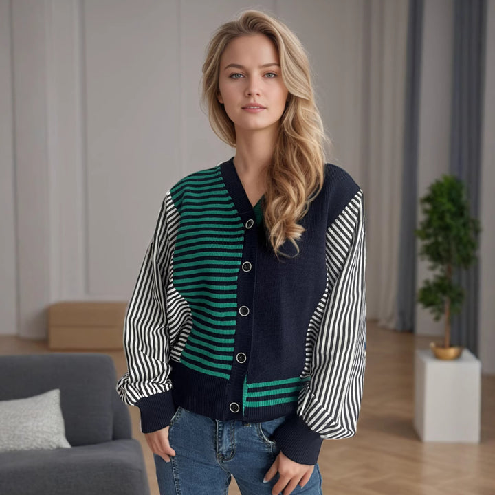 Damer fashionabel strikket cardigan med stribede ærmedesign og komfortabel pasform Stilla