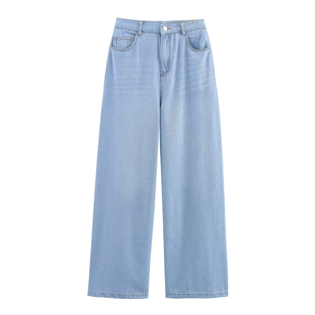Damer let og struktureret bluse med ballonærmer og vide jeans Skovae