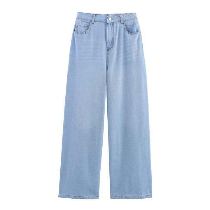 Damer let og struktureret bluse med ballonærmer og vide jeans Skovae