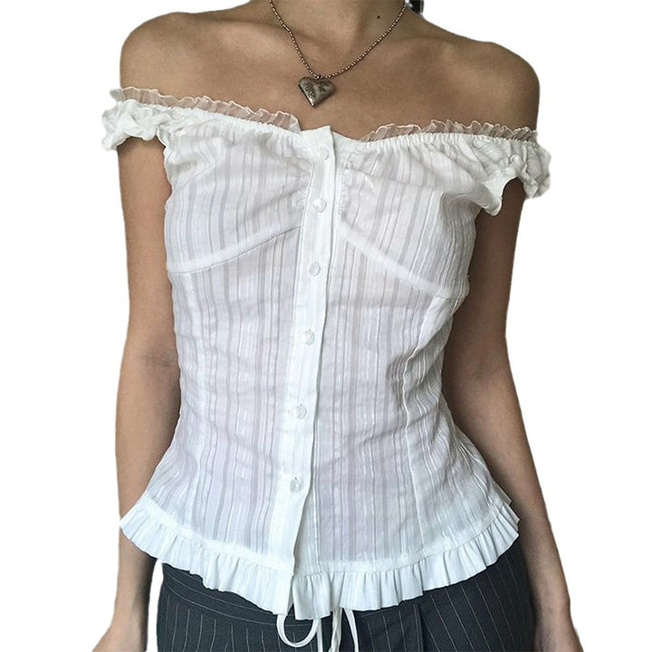 Dame Off-Shoulder Bluse med Rüschendetails og Knopliste Stilla