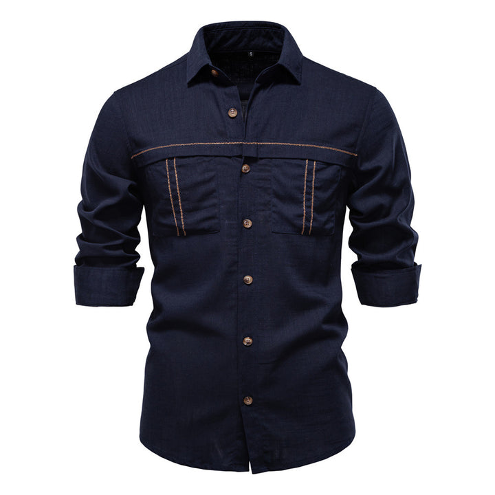 Herrer nan Workshirt i denimlook med dobbelte brystlommer og kontrastsyninger Skovae