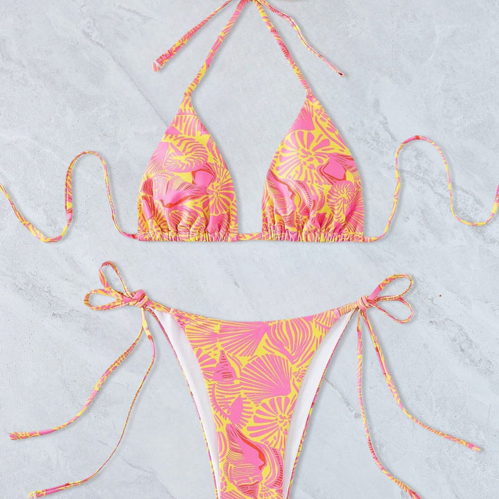 Dame triangel-bikini med livligt blomsterprint og justerbare bindebånd Skovae