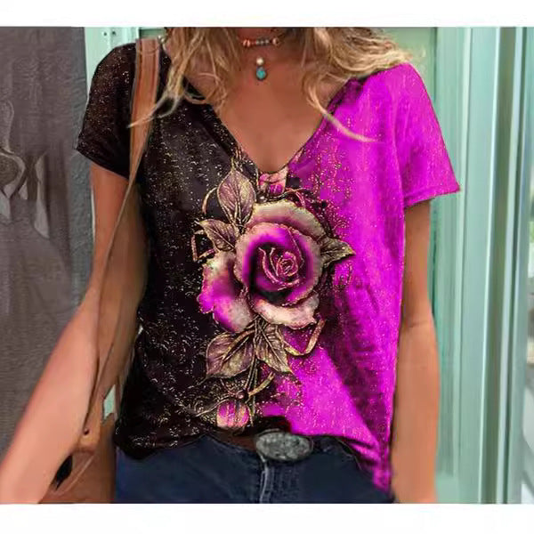 Dame Kunstnerisk Blomster Grafik V-Udsnit T-Shirt Stilla