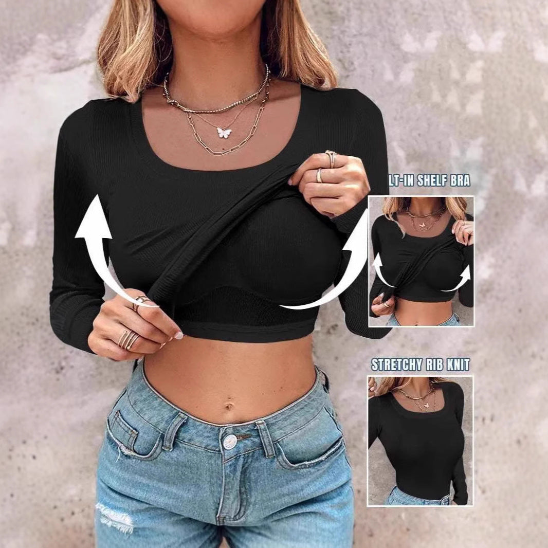 Dame Langærmet Rib-Crop-Top med indbygget BH Stilla