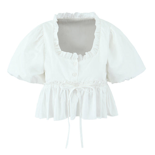 Dame Vintage Puffærmet Bluse med romantiske Ruffle-detaljer og Gummizug Stilla