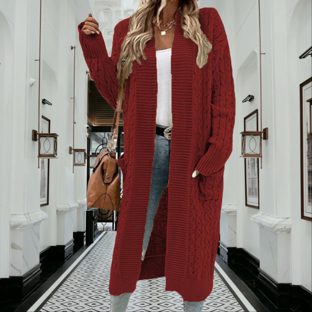 Kvinders chunky strik cardigan med åben design og praktiske lommer Stilla