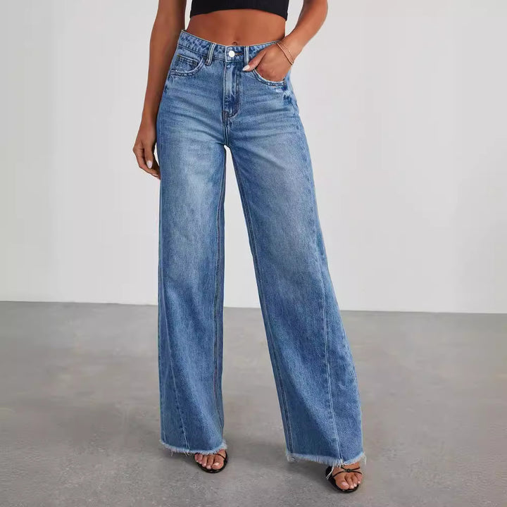 Dame Bredskårne jeans med frynset kant i vintage-stil Stilla