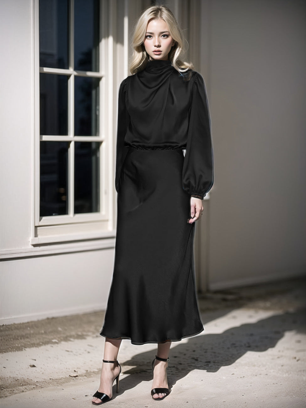 Dame elegant Midi-kjole med stålkrave og puffærmer Stilla