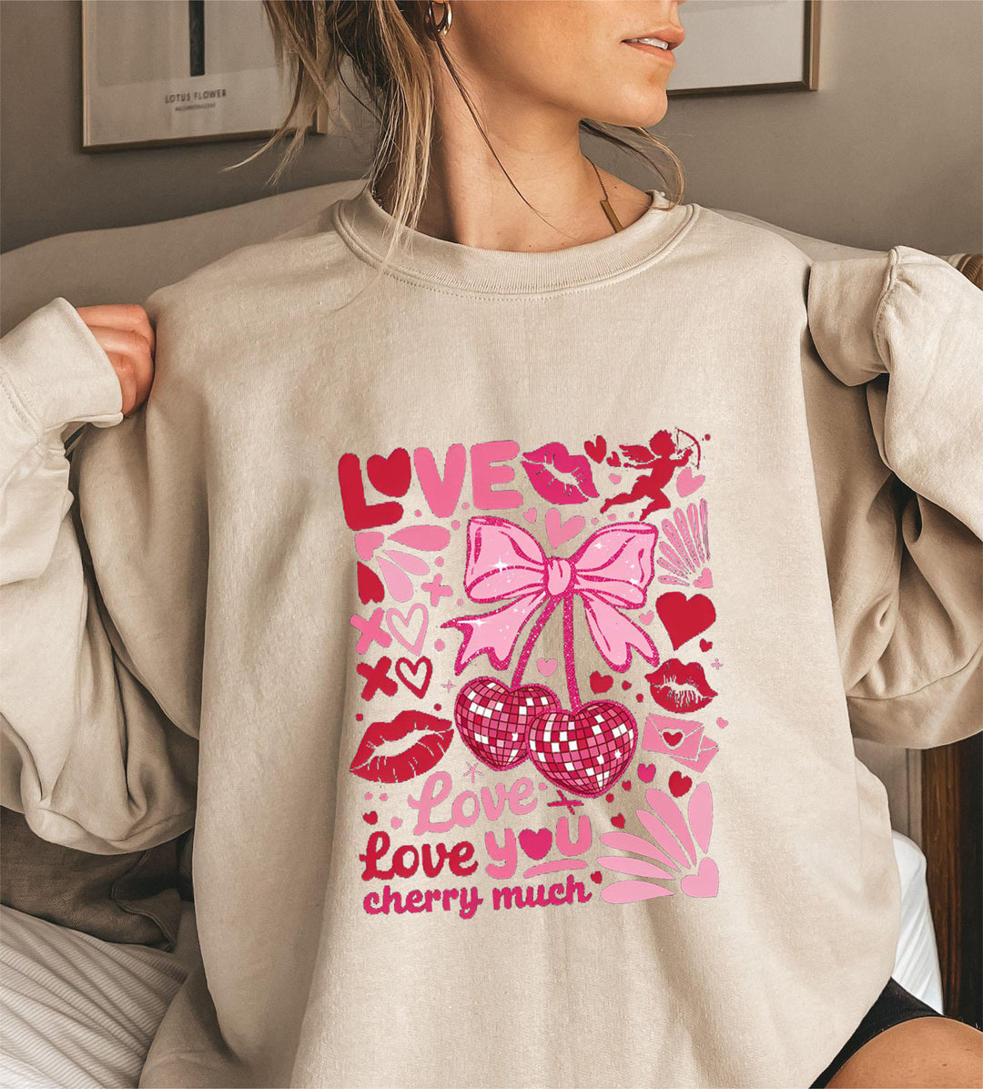 Damer sweatshirt med voluminøse ærmer og legende kirsebærmotiv Stilla