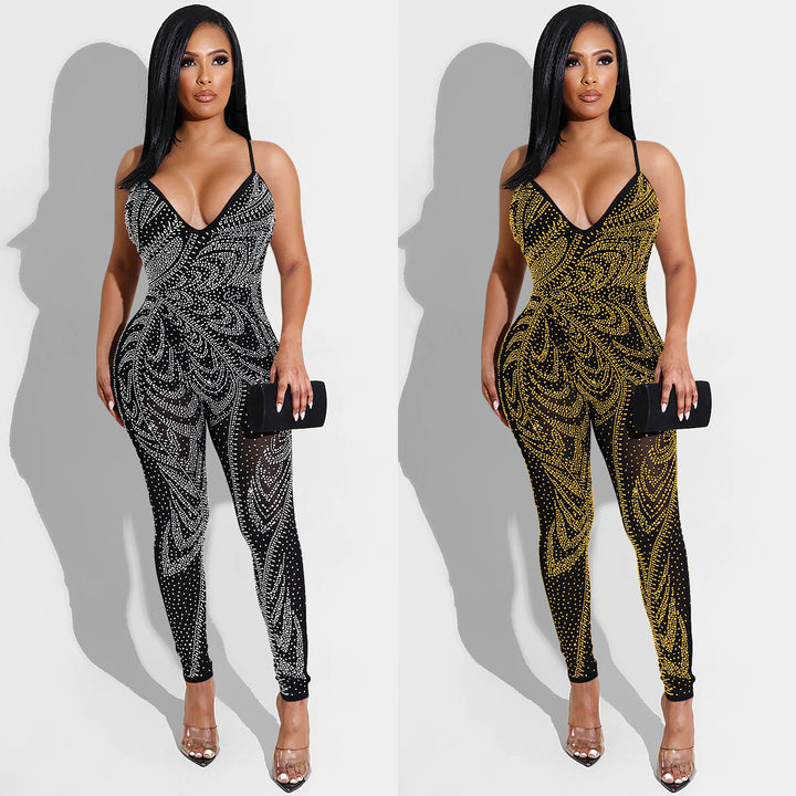 Dame Funklende Jumpsuit med gennemsigtigt design og luksuriøse rhinestones dekorationer Stilla