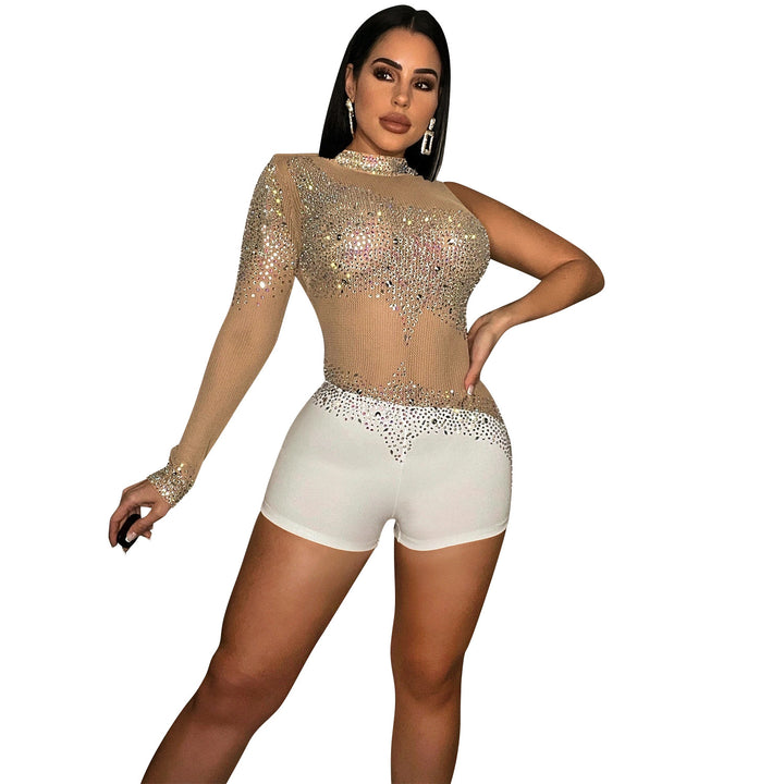 Dame Funktionsrige Rhinestone Bodysuit med gennemsigtige indsatser og lange ærmer Stilla