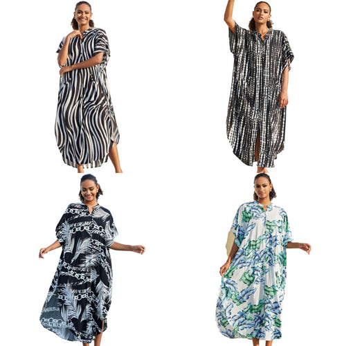 Dame Kaftan-kjole med moderne batikdesign og vidt skårne ærmer Stilla