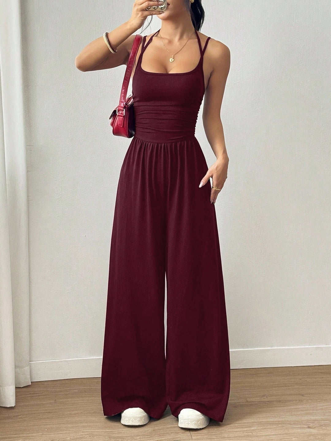 Dame luftig jumpsuit med høj talje og justerbare stropper Skovae