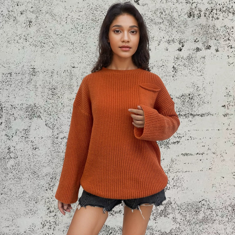 Dame stor strikket sweater med innovativt tekstureret mønster og brystlomme Stilla