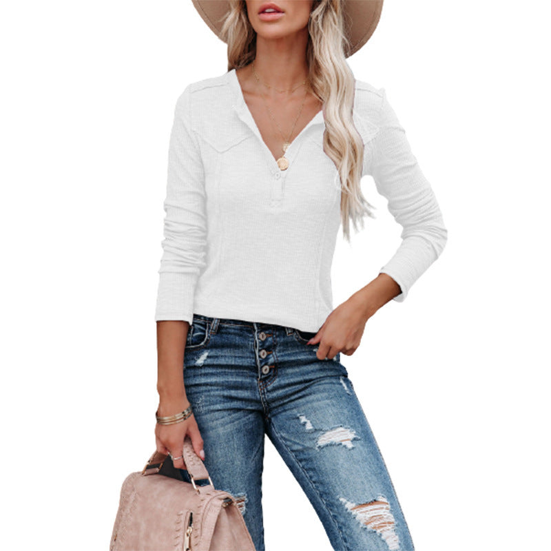Dame Langærmet Henley-shirt med struktureret vaffelmateriale Stilla