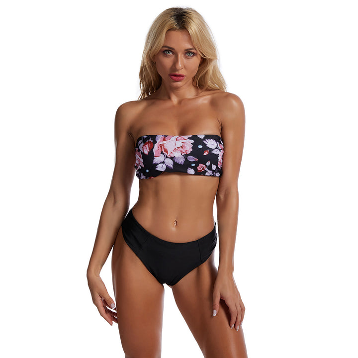 Dame bandeau-bikini med blomster top og høj talje skovae