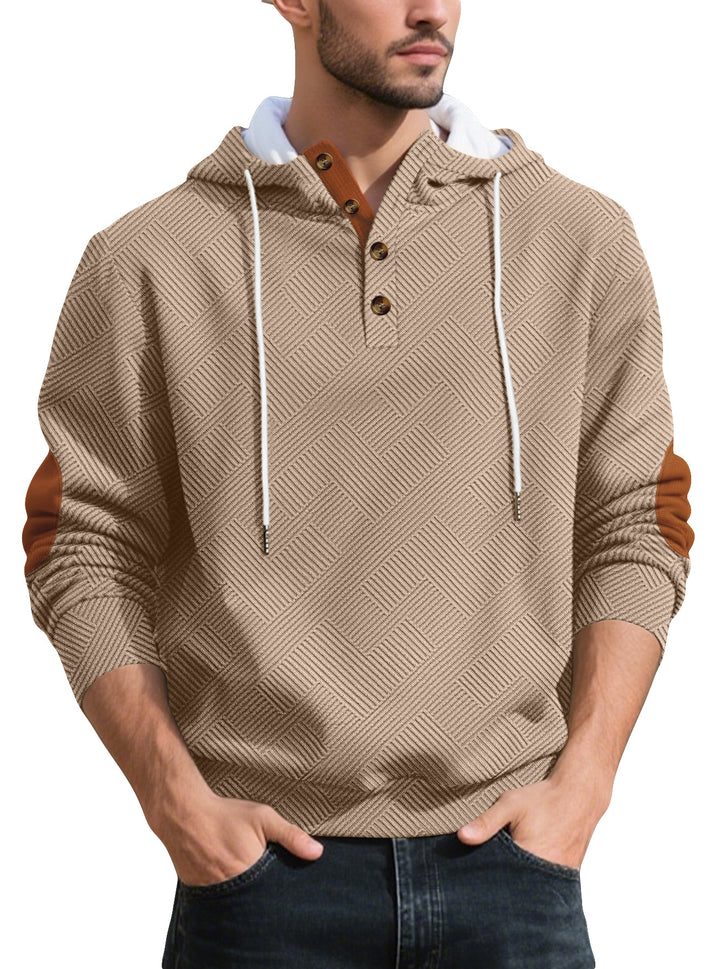 Herrer nan struktureret hætte-Henley-pullover med jacquardstruktur, knapstolpe og albuepatches Skovae