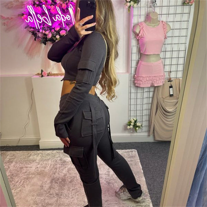 Kvindernes trendy hoodie og cargo joggebukser sæt Skovae