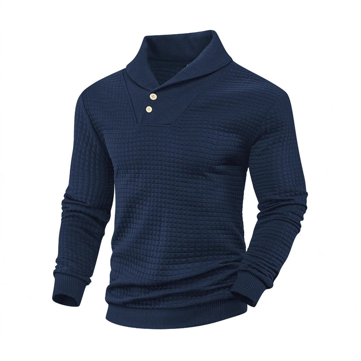 Herrer nan elegant strikpullover med sjalkrave, knapliste ved halsen og ternet vaffelmønster Skovae