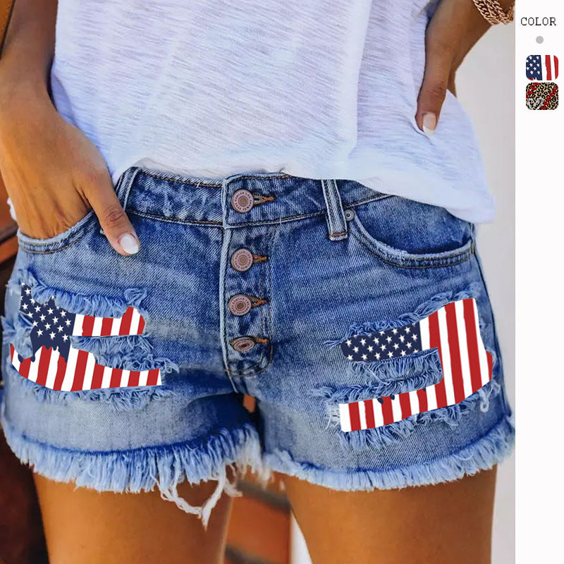 Dame jeans shorts med vintage frynser og patriotiske applikationer Skovae