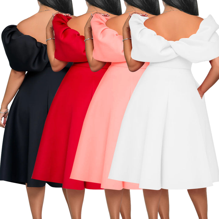 Damer glamourøst midikjole med off-shoulder design og voluminøse puffærmer Stilla