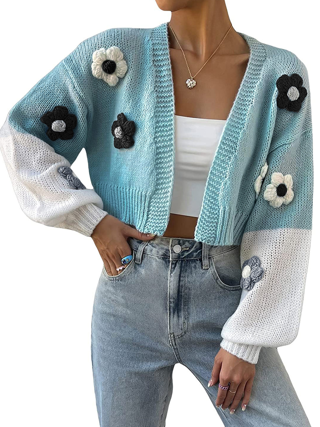 Dame trendy strikcardigan med blomsterapplikationer og løstsiddende pasform Stilla
