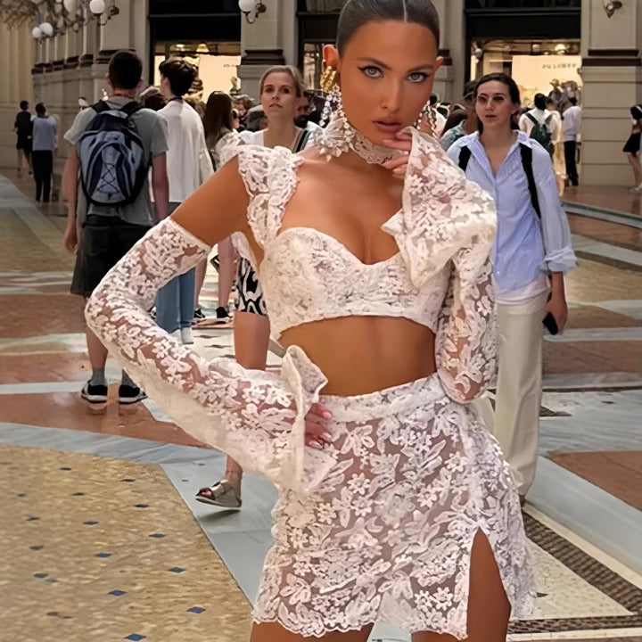 Damer Blonde Crop Top og Nederdel Sæt med Gennemsigtige Detaljer Skovae