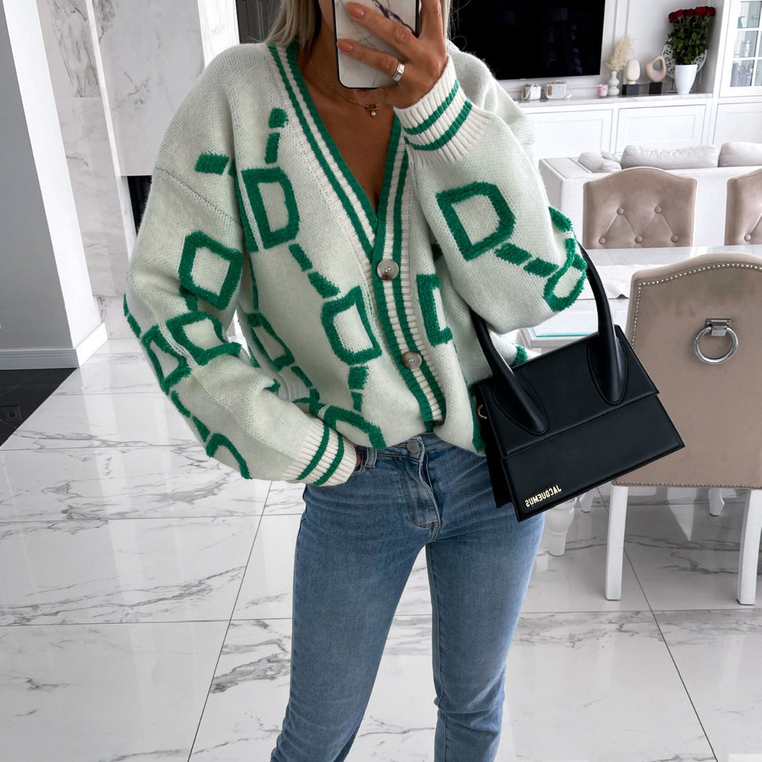 Kvinders oversized cardigan med farverigt geometrisk mønster Skovae