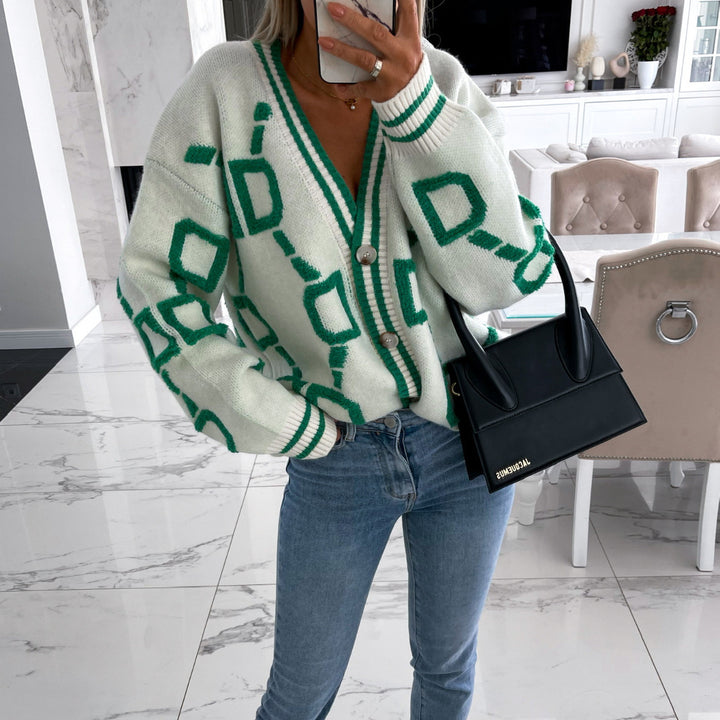 Kvinders oversized cardigan med farverigt geometrisk mønster Skovae