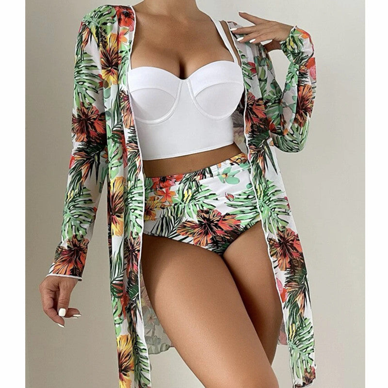 Dame bikini-sæt med floral kimono og polstret top Stilla