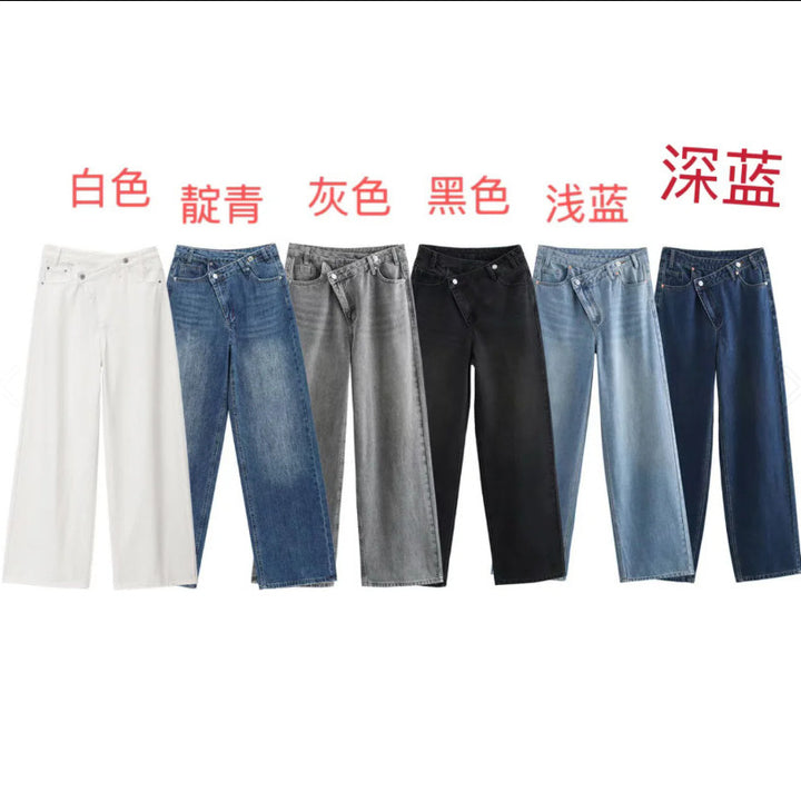 Dame bredt skårne jeans med asymmetrisk knaplukning og høj talje Skovae