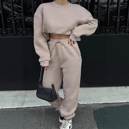 Kvinder Cropped Sweatshirt og Bred Joggingbuks Sæt Skovae