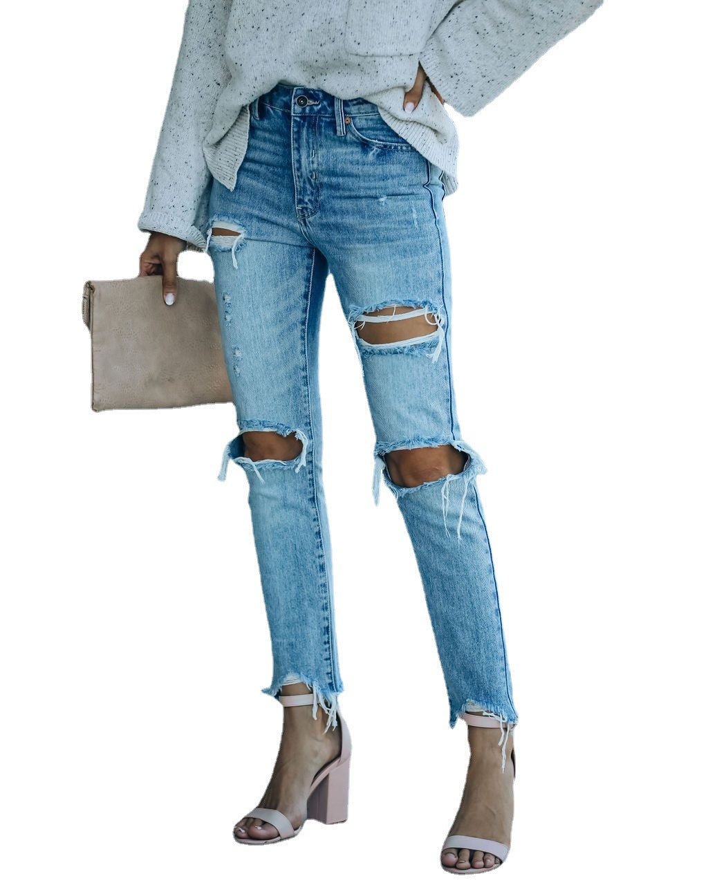 Dame Destroyed Jeans i moderne Slim-Fit med høj talje og frynset detaljer Stilla