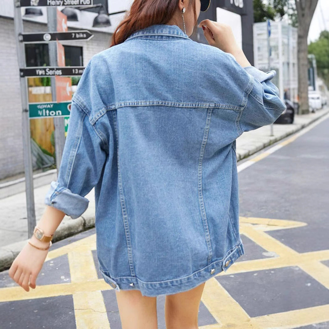 Dame Oversized Denim Jakke med Dekorative Trykknapper Stilla