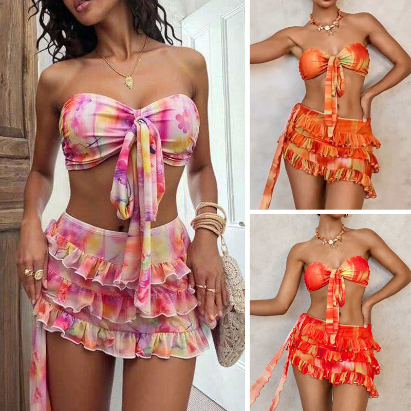 Dame Bandeau bikini sæt med flæser og indpakningsklæde Skovae
