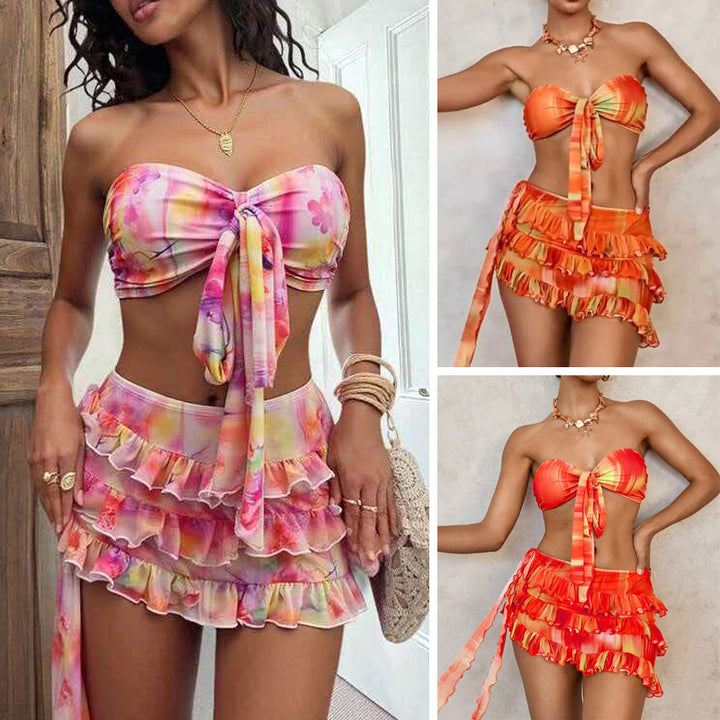 Dame Bandeau bikini sæt med flæser og indpakningsklæde Skovae