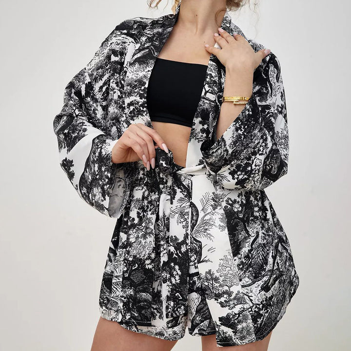 Dame Kimono-inspireret Loungewear-sæt med elastisk talje og raffinerede detaljer Stilla