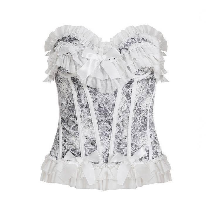Dame spids-bustier med ruffles detaljer og sløjfer Skovae