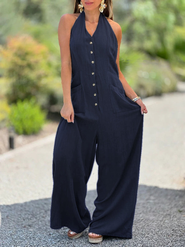 Dame Halter- jumpsuit med praktiske lommer og knaplukning Stilla
