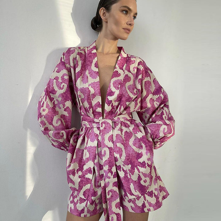 Dame Kimono-Shorts Sæt i luksuriøs Satin med blomsterdesign Stilla