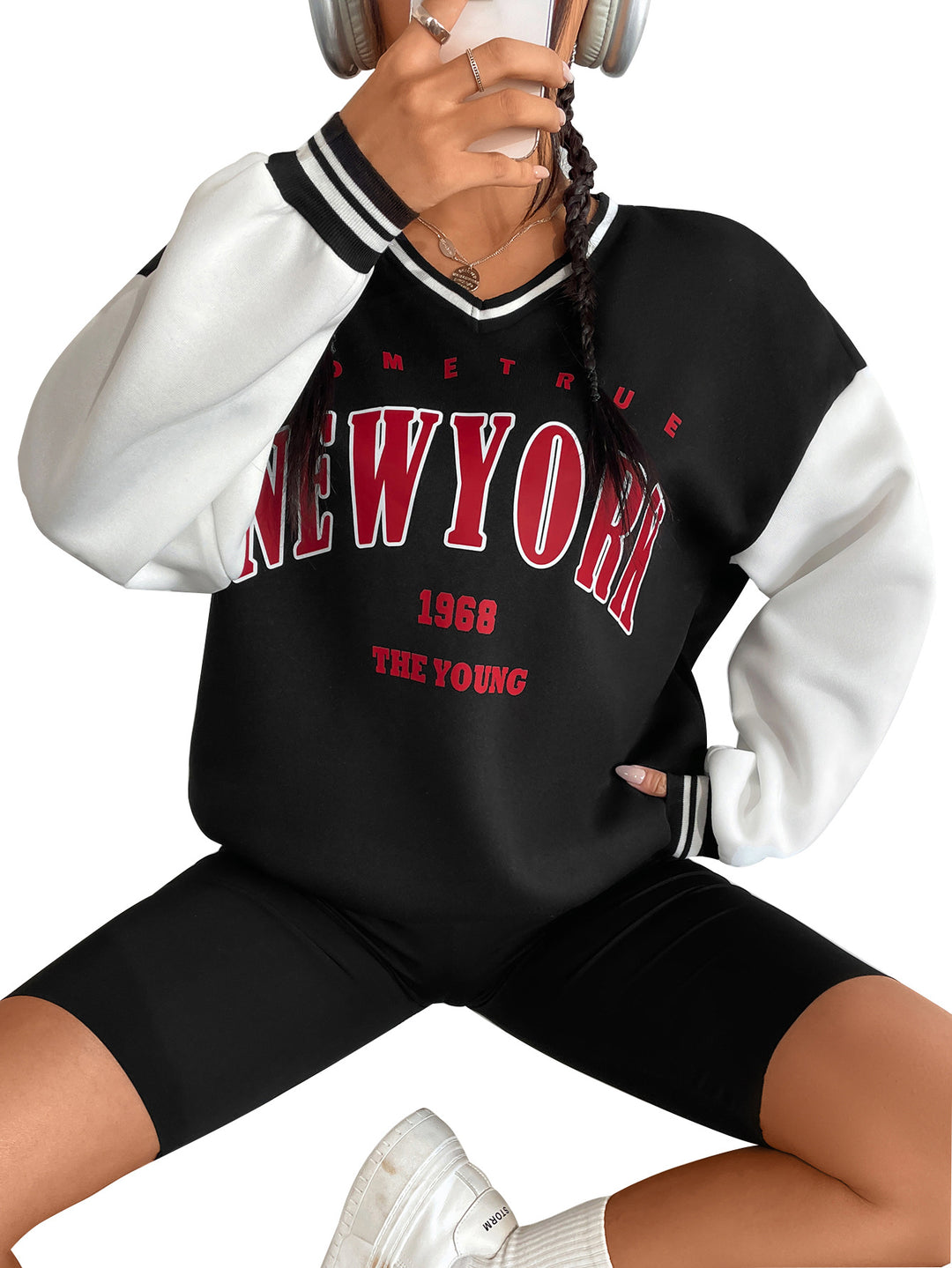 Kvinders casual sweatshirts med V-hals og sporty bogstaver Stilla
