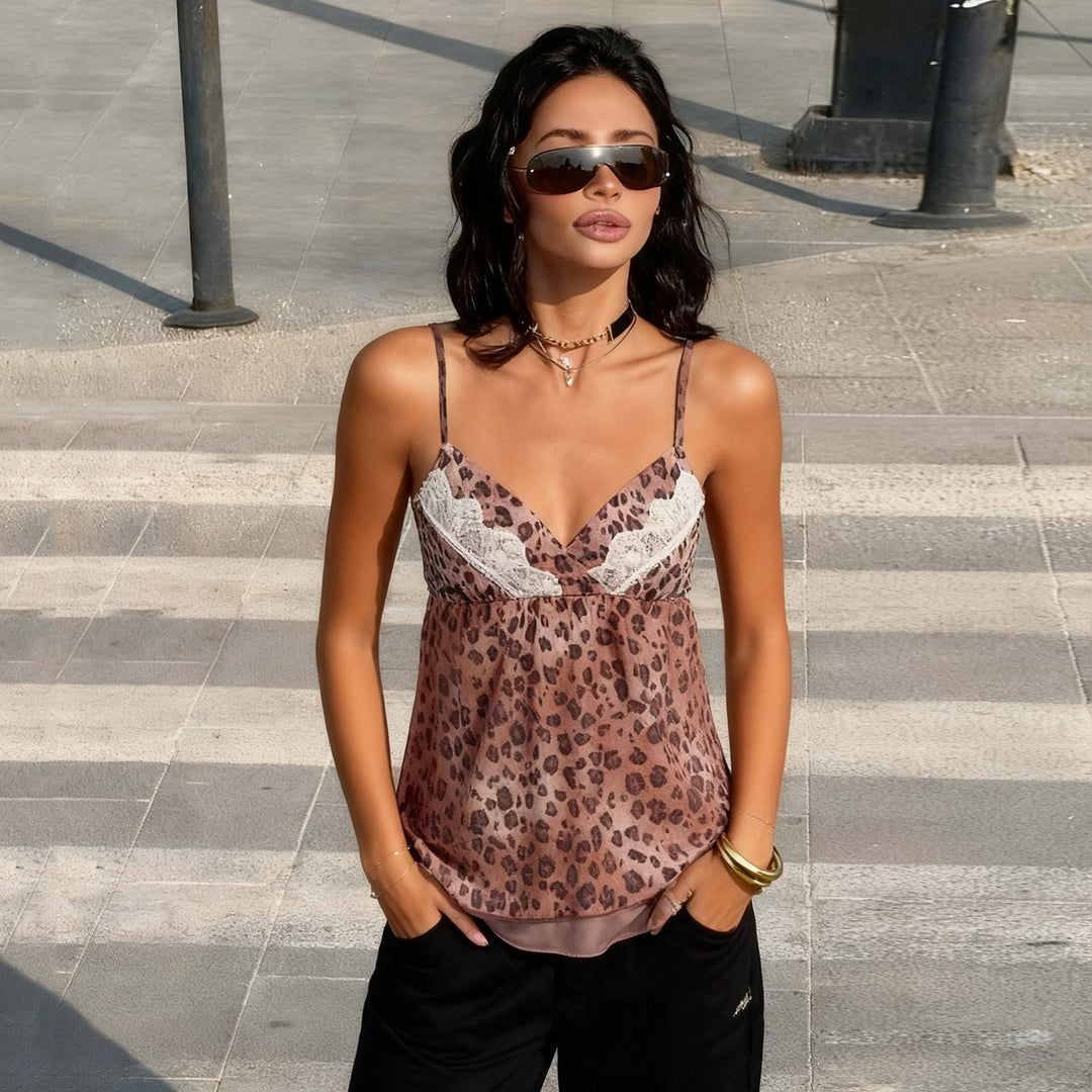 Dame sexy Spaghettitræger Camisole med spidselementer i leopardmønster Skovae