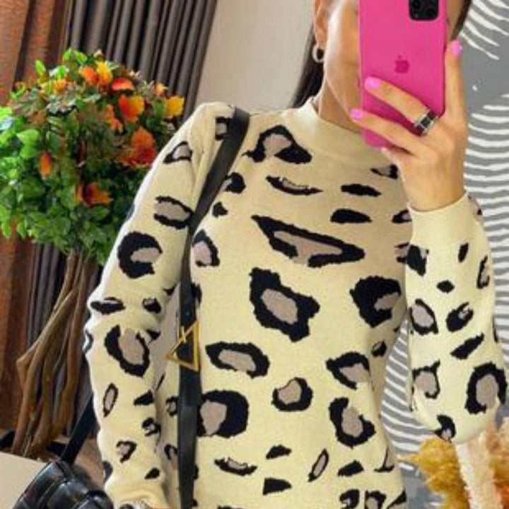 Dame strikpullover med spændende leopardmønster Stilla