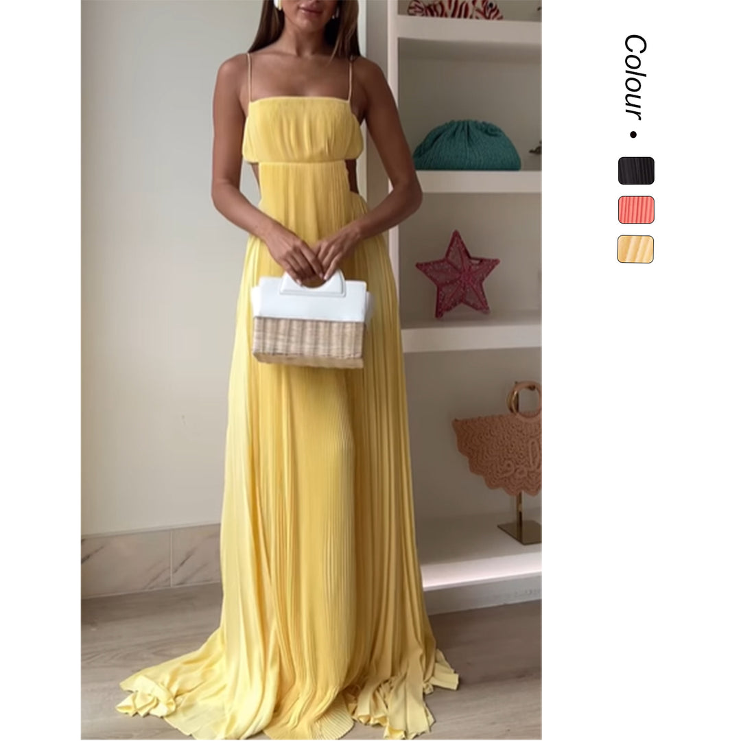 Kvinders maxikjole med elegante plissee-detaljer og tynde spaghetti-stropper