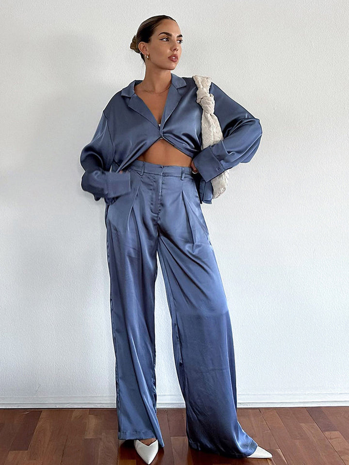 Dame Satin Bluse- og Bukse-Sæt med elegant pasform og højkvalitets snit Stilla
