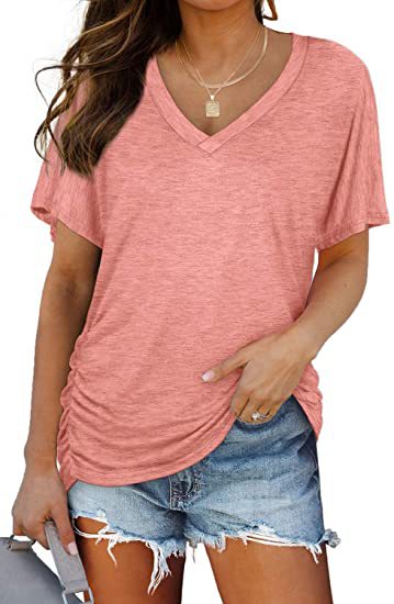 Dame afslappet V-hals T-shirt med rynker Stilla